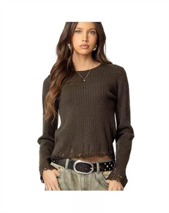 Женский свитер с потертостями в рубчик, зеленый Edikted