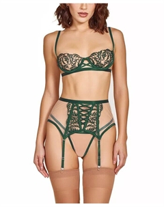 Женский комплект нижнего белья из 3 предметов: бюстгальтер с вышивкой, трусики и юбка для чулок, зеленый Icollection