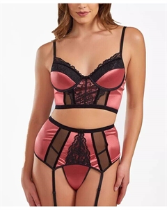 Женский комплект нижнего белья из 3 предметов: бюстгальтер на косточках с поролоновыми чашечками, юбка для чулок и стринги из атласа, розовый Icollection