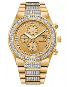 Eco-Drive Мужские часы с хронографом и кристаллами золотистого цвета из нержавеющей стали, браслет, 42 мм, подарочный набор Citizen