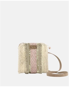 Маленькая сумка-портфель из натуральной сшитой пальмы в сочетании с бахромой и рафией, розовый Simó sastre