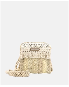 Маленькая сумка-портфель из натуральной сшитой пальмы в сочетании с бахромой и зеркалами, бежевый Simó sastre