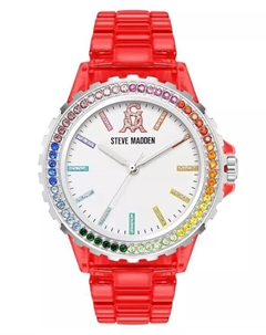 Женские аналоговые часы-браслет из прозрачного красного пластика с радужными кристаллами, 40 мм Steve madden