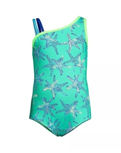 Цельный купальник с защитой от хлора для девочек на одно плечо и вырезами, зеленый Lands' end