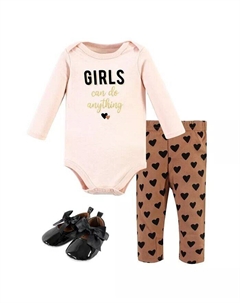Хлопковое боди, комплект брюк и обуви для маленьких девочек, с длинными рукавами в виде сердечек корицы, розовый Hudson baby