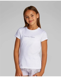 Футболка для девочки с короткими рукавами и курсивным логотипом, белый Calvin klein