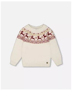 Свитер для больших девочек с рождественской интарсией белого и красного цветов, белый Deux par deux