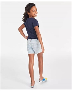 Классическая футболка с вышивкой для больших девочек и эластичные джинсовые шорты с потертым краем, синий Tommy hilfiger