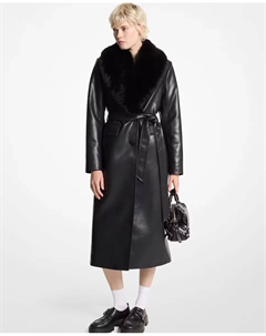 Женское пальто-халат с объемным меховым воротником, черный Michael michael kors