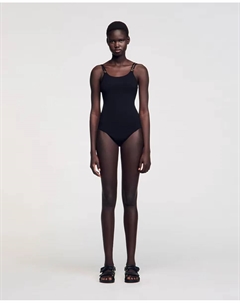 Женский трикотажный боди с отделкой из драгоценных камней, черный Sandro