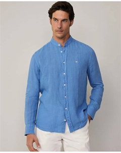 Мужская льняная рубашка строгого кроя с воротником Мао, синий Hackett