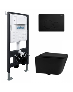 Комплект подвесного унитаза с инсталляцией Rechteck AC1201MB-AC0105-AC0121MB безободковый, крышка с микролифтом, черный матовый, кнопка черная Abber