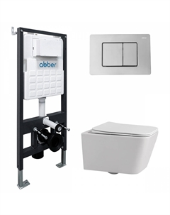 Комплект подвесного унитаза с инсталляцией Rechteck AC1201-AC0105-AC0120 безободковый, крышка с микролифтом, белый, кнопка хром Abber