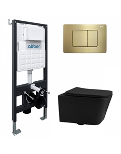 Комплект подвесного унитаза с инсталляцией Rechteck AC1201MB-AC0105-AC0120MMG безободковый, крышка с микролифтом, черный матовый, кнопка золото Abber