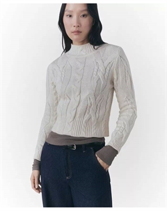 Женский свитер с плетеным воротником Perkins, коричневый/бежевый Mango