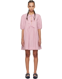 Мини-платье из хлопка в розовую полоску с бантом Ganni