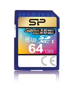 Карта памяти SDXC UHS-I U3 Superior Pro 64 ГБ, 90 МБ/с, Class 10, SP064GBSDXCU3V10, 1 шт., без адаптера Silicon power