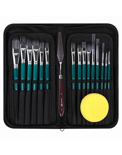 Кисти художественные набор 15 шт+мастихин в пенале, изумрудные Brauberg