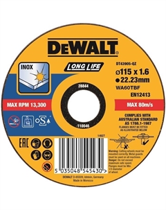 Круг отрезной DT43905, высокий ресурс, 115 x 22.2 x 1.6 мм, тип 41 Dewalt