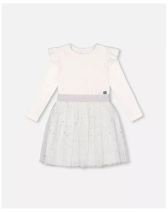 Платье с длинным рукавом для больших девочек и блестящая тюлевая юбка Off-White, бежевый Deux par deux