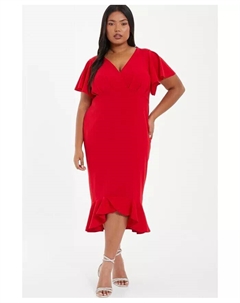 Платье миди больших размеров с V-образным вырезом и оборкой по краю, красный Quiz