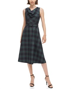 Платье Plaid Cowl Neck Fit-and-Flare Belted Midi Dress, цвет Navy Multi Vince camuto