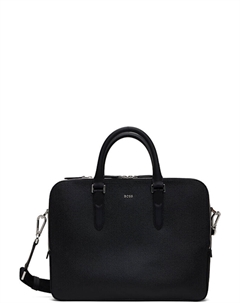 Черный структурированный кожаный портфель с логотипом и надписью Boss