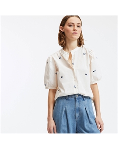 Рубашка с цветочной вышивкой воротником-стойкой рукавами с напуском бежевый La redoute collections