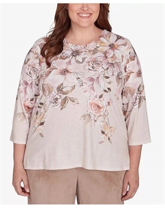 Плюс Размер Telluride Falling Цветочный Кружевной Топ с Круглым Вырезом, коричневый/бежевый Alfred dunner