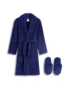 Флисовый халат в рубчик для мальчика и тапочки в тон, комплект из 2 предметов, синий Sleep on it