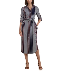 Полосатое платье миди с поясом, синий Lauren ralph lauren