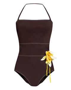 Купальник с халтер-воротником и цветочной аппликацией, коричневый Tory burch