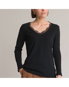 Лонгслив с V-образным вырезом из кружева черный Laredoute