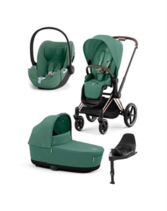Коляска 3 в 1 Priam IV Rosegold цвет Leaf Green в комплекте со спальным блоком Lux Carry Cot, креслом Cloud T и Базой Isofix Cybex