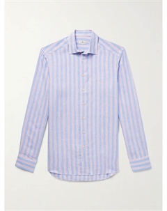 Приталенная льняная рубашка в полоску с вышитым логотипом, синий Etro