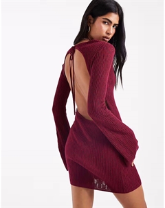 Пляжное мини-платье в рубчик с открытой спиной и расклешенными рукавами бордового цвета 4th & reckless