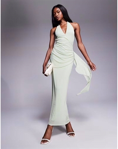 Платье-миди с сетчатой ​​вставкой на шее зеленого цвета с эффектным поясом Asos design