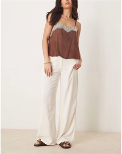 Брюки свободного кроя прямого кроя кремового цвета с добавлением льна Asos design