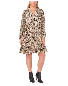 Плюс размер Животный принт Многоуровневое платье с разрезом шеи, коричневый Vince camuto