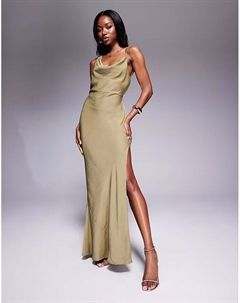 Платье мидакси из атласа с асимметричными бретелями и разрезом оливкового цвета Asos design