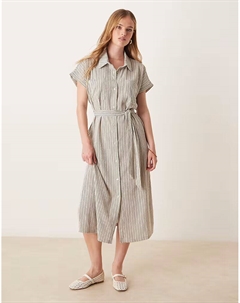 Платье-рубашка миди с завязкой на талии в черно-белую полоску Jdy