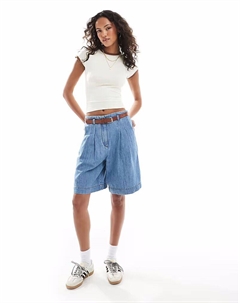 Джинсовые шорты-бермуды с поясом и льном в цвете полувыбеленный синий Asos design
