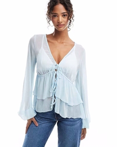 Блузка с оборками светло-голубого цвета Pull & bear