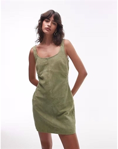 Мини-платье из натуральной замши со швами пастельно-оливкового цвета Topshop