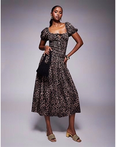 Жатое платье-футляр с присборенной талией, рукавами-фонариками, леопардовым принтом Asos design