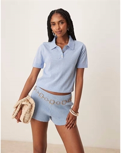 Укороченный топ-поло плотной вязки нежно-голубого цвета Mango