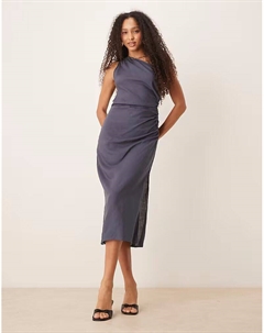 Платье из льна на одно плечо с присборенной стороной в пыльно-голубом цвете Mango