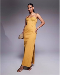 Платье миди из хлопкового твила с вышитой деталью на груди горчичного цвета Asos design