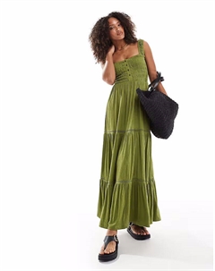 Платье миди с квадратным вырезом, многослойным кроем и кружевными вставками от оливкового цвета - MGREEN Asos design