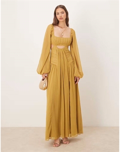 Платье макси с длинными рукавами, вырезом и юбкой-рюшами оливкового цвета Asos design